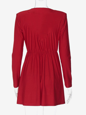 Skater Dresses Polyester V-Neck Red Sexy Long Sleeves Flared Dress Mini Dresses