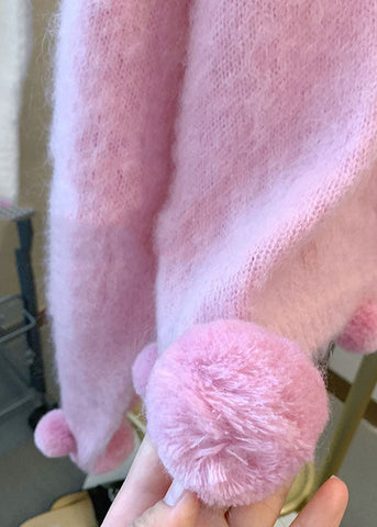 Niedliche rosa O-Ausschnitt Fuzzy Ball verziert warme Baumwolle stricken Pullover Langarm 