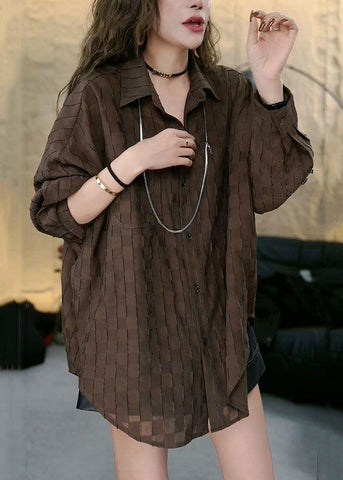 Blusas de algodón con botones y cuello Peter Pan de color café francés, manga larga 