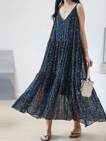 Women Vintage Floral Pleat V-Neck Loose Vest Dress