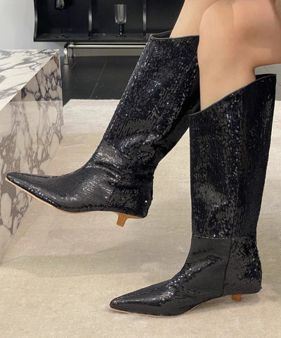Nuevas y elegantes botas de tacón bajo con lentejuelas en color albaricoque 