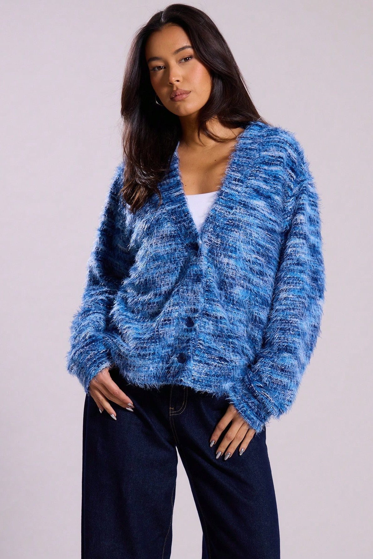 New Retro Fashion Deep V-Neck Maillard Plush Long-Sleeve Knit Cardigan