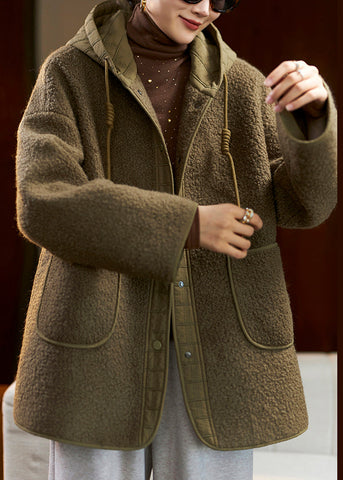 Lose Grüne Kapuzentaschen Patchwork Teddy Kunstpelz Mäntel Frühling 