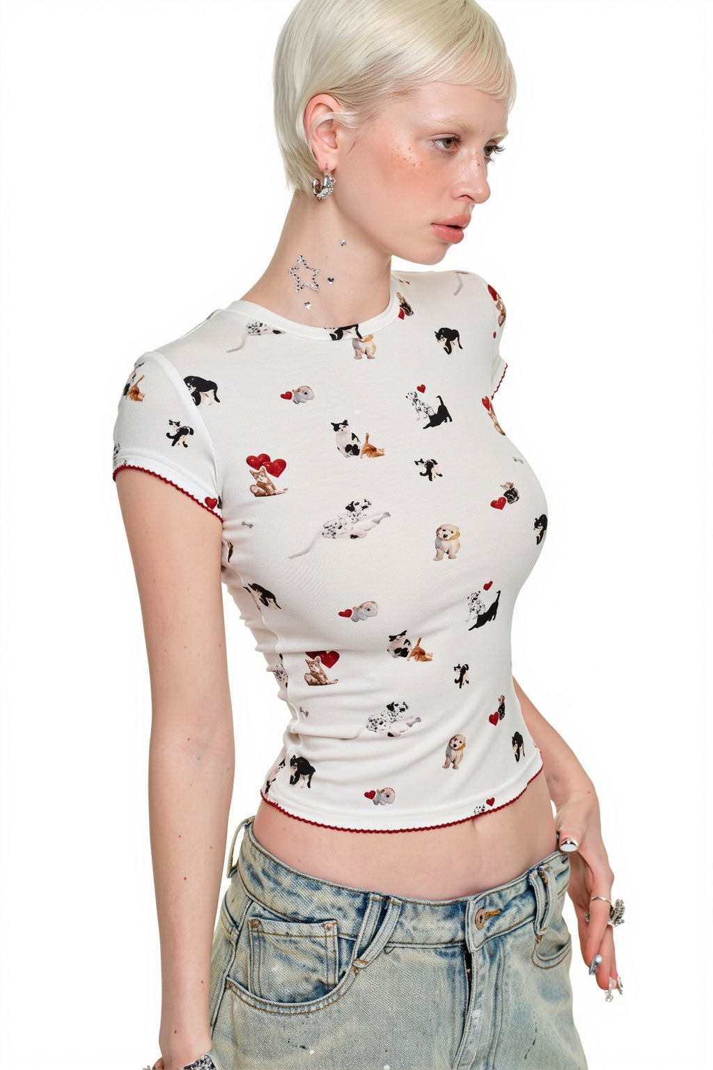 Cat Dog Print Stretchy Slim T-shirt