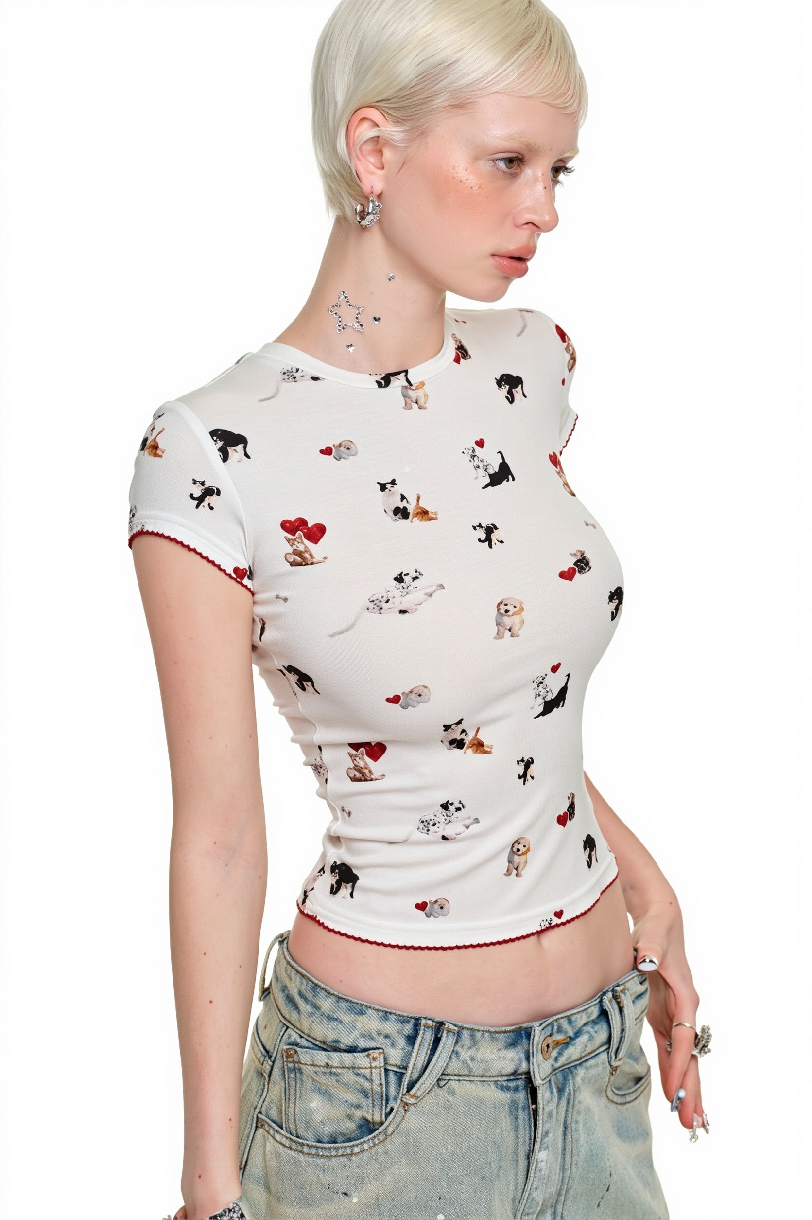 Cat Dog Print Stretchy Slim T-shirt