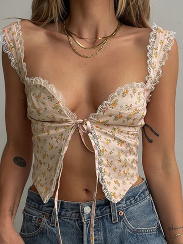 Camiseta sin mangas con cuello en V y encaje de Tossy Fashion para mujer, estilo vendaje, estilo crop top, ideal para fiestas en la calle, clubs, 2022 Y2K 