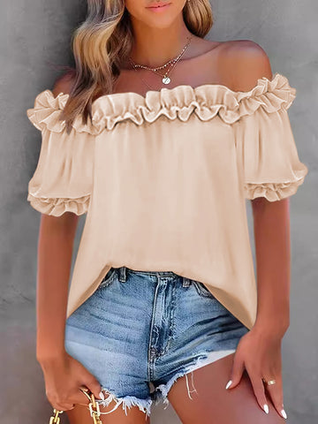 Blusas y camisas sueltas de manga corta con volantes plisados ​​y ribetes de color liso con hombros descubiertos 
