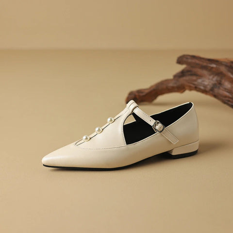 - Zapatos Mary Jane de punta puntiaguda con perlas y hebilla en T, cómodos, planos y mocasines para mujer, tallas grandes 41, 42 y 43, para primavera y otoño.