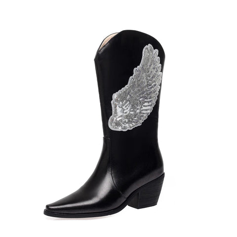 - Botas de mujer de talla grande con diseño de alas de ángel brillantes, lentejuelas, de longitud media, punta estrecha, tacones gruesos y cónicos, botines de baile sin cordones, color plateado 