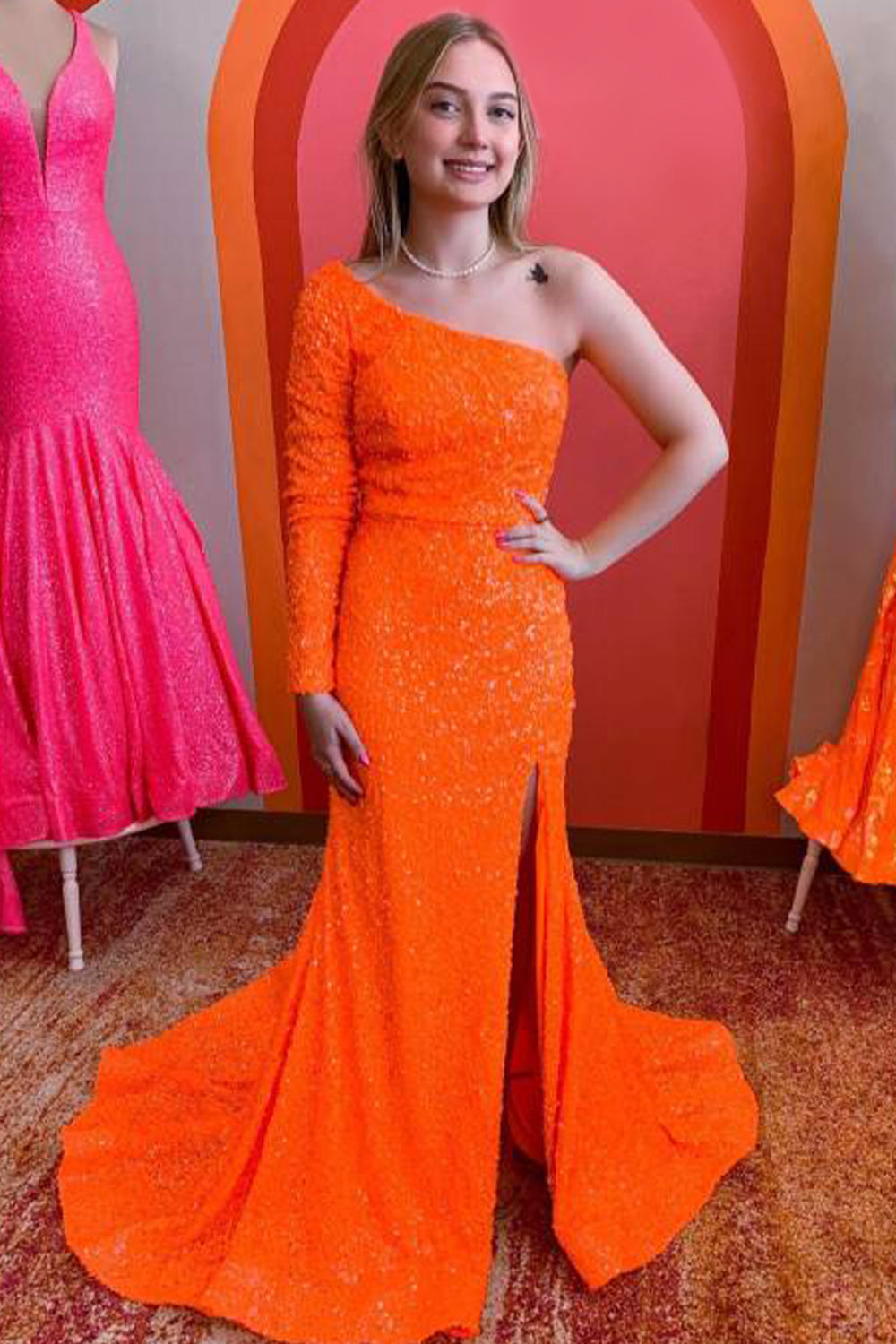 One Shouder Long Sleeves Sequins Mermaid Prom Dress with Slit