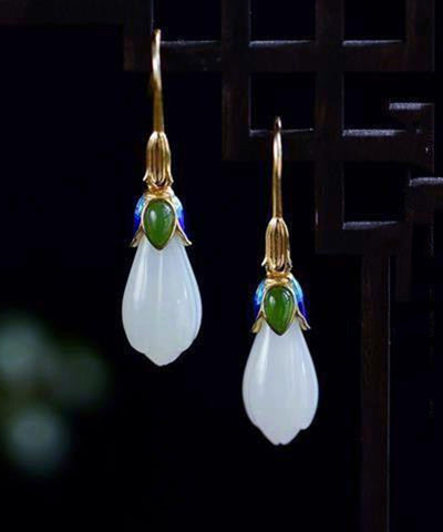 Vintage Gold Sterling Silber Overgild Jade Cloisonne Orchidee Ohrstecker 
