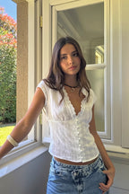 Embroidered Ruffle V-Neck Crop Blouse