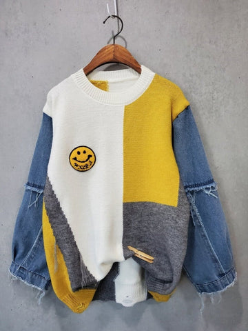 Denim Patchwork Long Sleeve Sweater