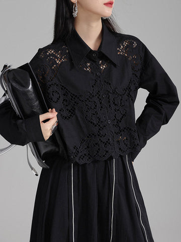 Lange Ärmel Lose Geknöpft Hohl Einfarbig Revers Blusen &amp; Hemden Tops 