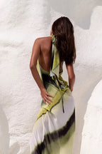 V-Neck Bodycon Backless Digital Print Silk Maxi Dress