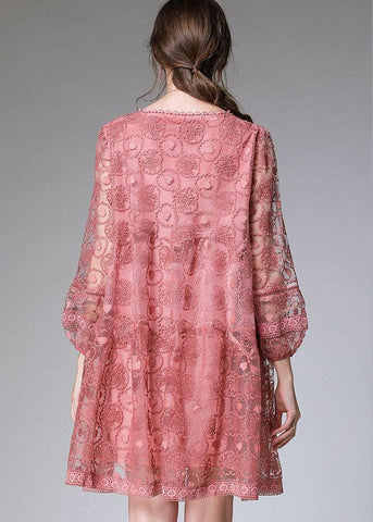 Vestido de fiesta de encaje de primavera de moda rosa elegante de manga larga 