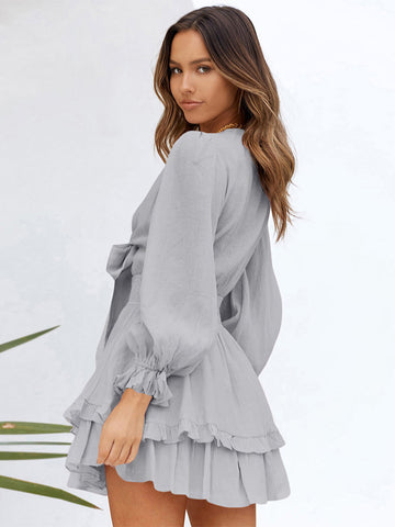 Shirt Dresses Pink V-Neck Ruffles Long Sleeves Polyester Dresses Mini Dresses