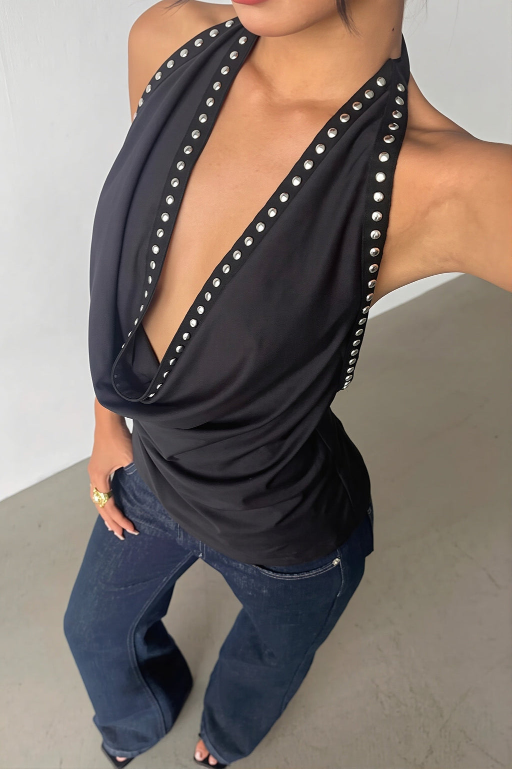 Halter Deep V Backless Rivet Fitted Tank Top