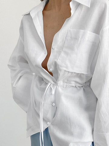 Camisas casuales blancas con cordones, prendas de vestir exteriores para mujer, cárdigan de manga larga con parches, blusa, abrigo, novedad de 2024 