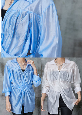 Weißes Leinenhemd Tops Asymmetrisch Seite Offen Sommer 
