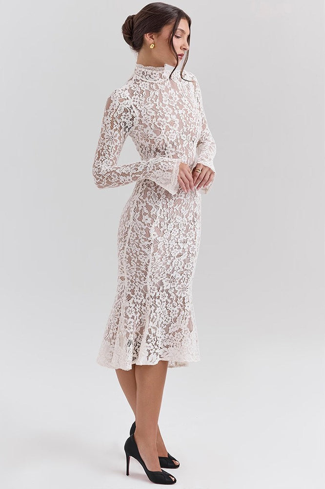 Round Neck Lace Long Sleeve Mermaid Midi Dress