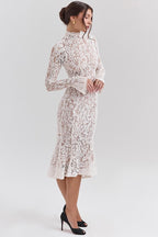 Round Neck Lace Long Sleeve Mermaid Midi Dress