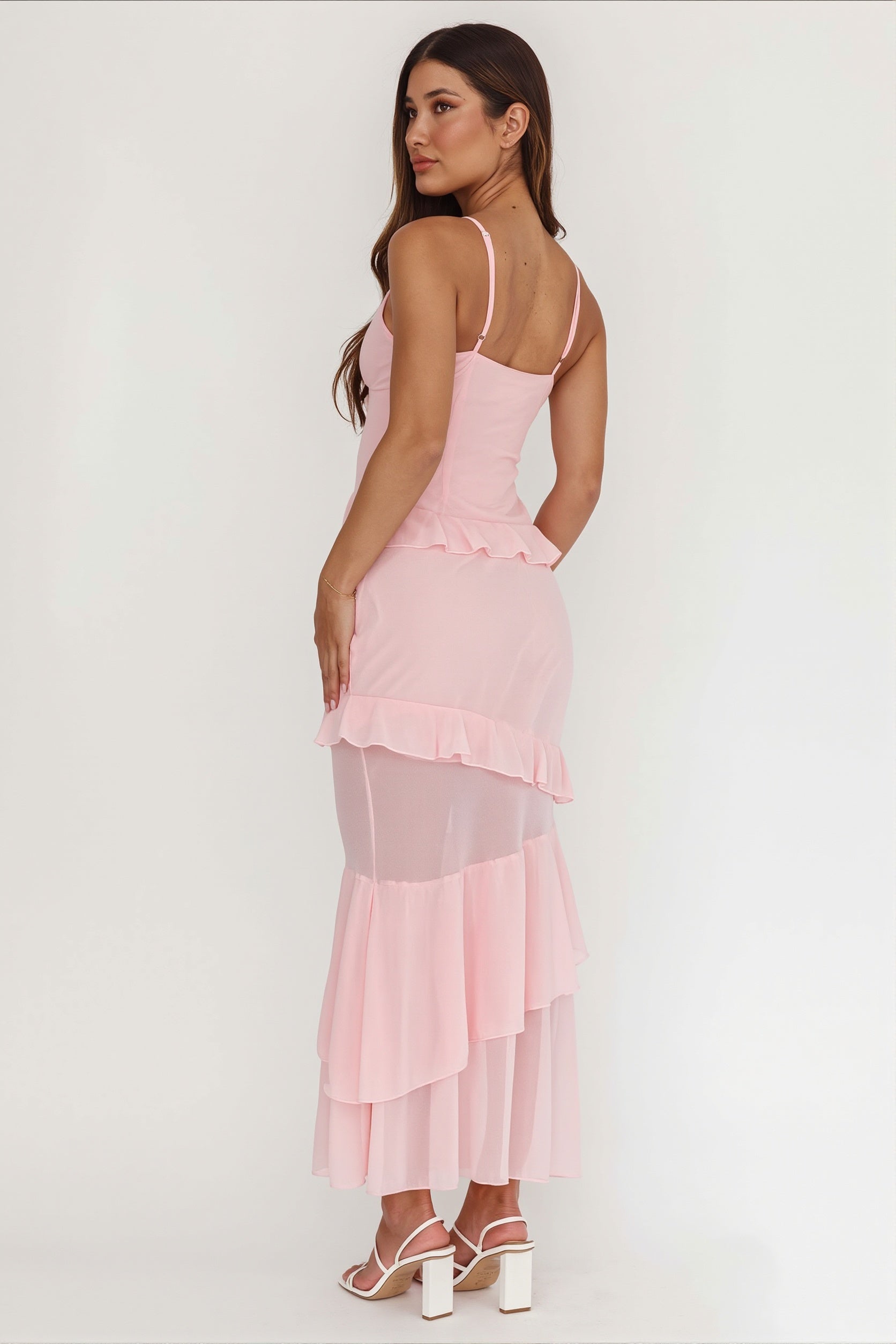 Flowy Solid Ruffle Slim Cami Maxi Dress