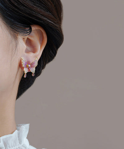 Chic Purple Sterling Silver Overgild Drip Glaze Butterfly Stud Earrings