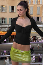 Lace Trimmed Slim Fit Bodysuit Knit Top