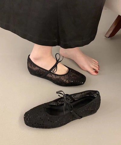 Zapatos planos con bordado de malla transpirable beige para mujer con lazo 