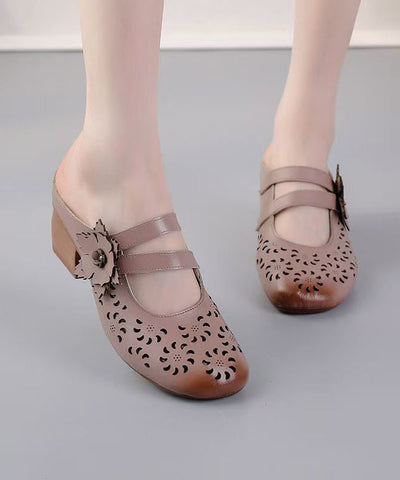 Boho Rindsleder Spleißen Braun Slide Sandalen Aushöhlen 