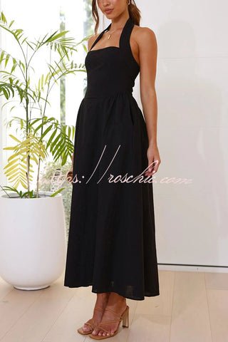 Brunch in Bali – Neckholder-Maxikleid aus Leinenmischung mit Taschen 