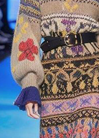 Vestido tipo suéter de algodón con cuello redondo y estampado, hecho a mano, de corte A, manga larga 