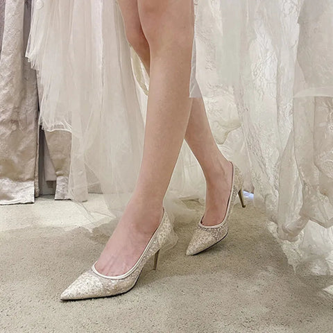 High heels women's slim heels sequins sexy mesh bridal wedding shoes bridesmaids' lace wedding shoes banquet dress shoes