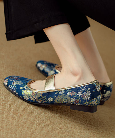 Chinese Style Blue Embroidered Splicing Flat Shoes For Women