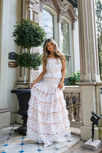 Sexy Lace Trim Print Tiered Ruffle Hem Cami Maxi Dress