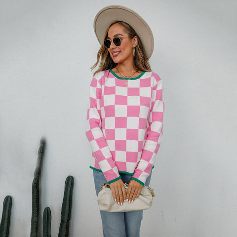 Frühherbst Pullover Plaid Colorblock Pullover Rundhals Top Strickwaren Bottoming Shirt 