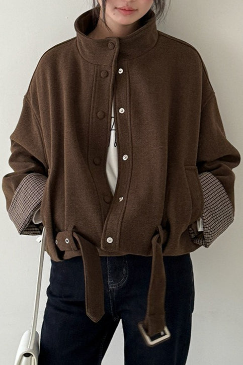 Short Cuffed Check Pieced Stand Collar Wool Coat