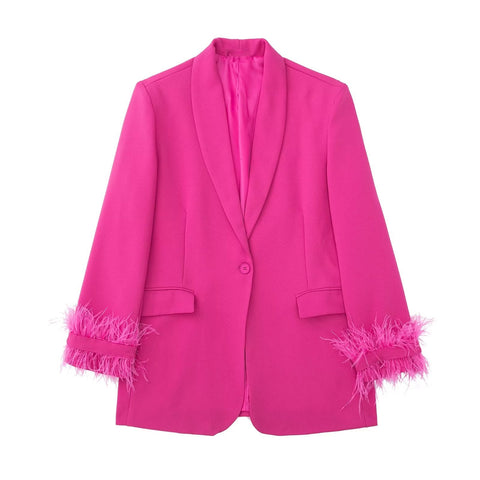 Conjunto de chaqueta y pantalón recto con decoración de plumas salvajes para mujer de otoño 