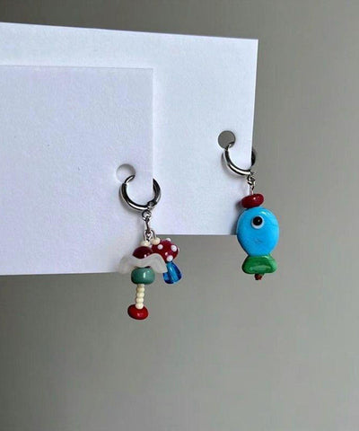 DIY Stainless Steel Asymmetrical Little Fish And Mushroom Drop Earrings