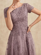 A-Linien-Kleid aus Tüllspitze mit Rundhalsausschnitt und Teelänge für die Mutter der Braut 
