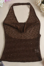 Glitter Solid Sheer Draped Halter Top