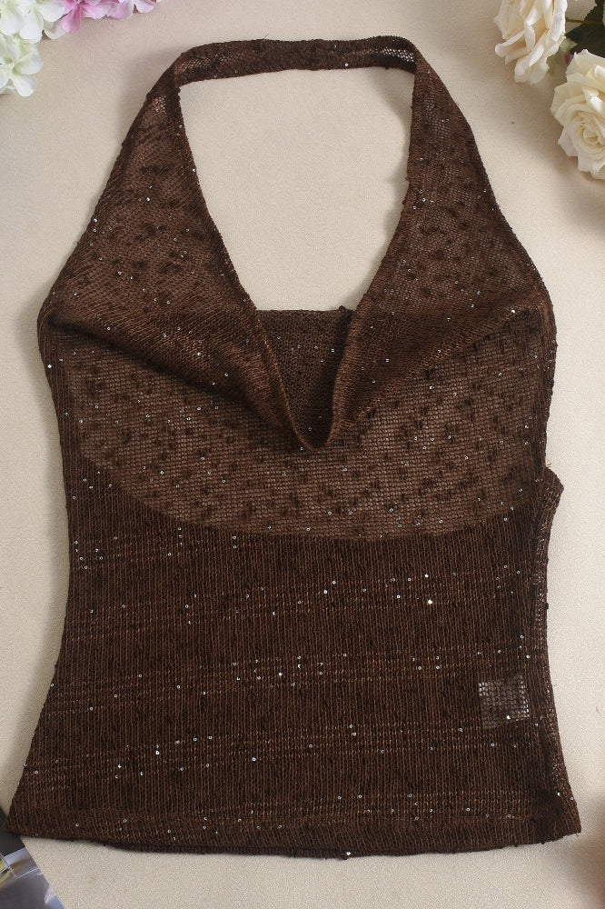 Glitter Solid Sheer Draped Halter Top