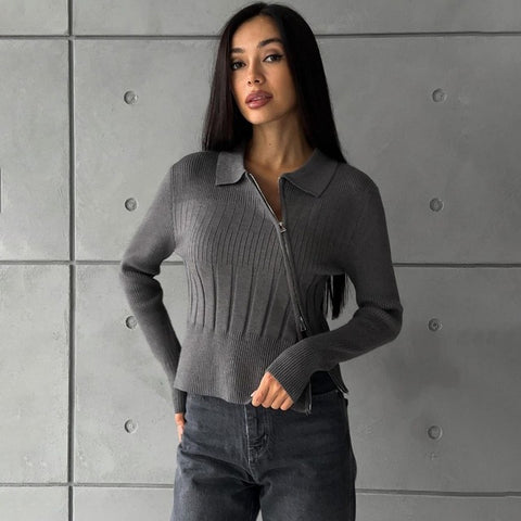 TARUXY White Knitted Cardigan Women Ribbing Turn Collar Zipper Slim Sweater Femme Autumn Winter Fashion Knitwear Cardigans Woman