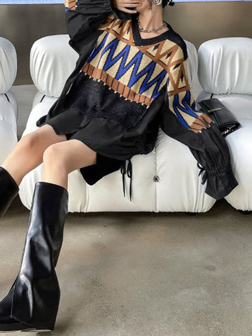 False Two Long Sleeves Drawstring Split-Joint V-Neck Sweater