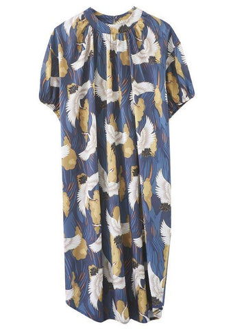 Loose Blue Print Cotton O-Neck Loose Summer Mid Dress