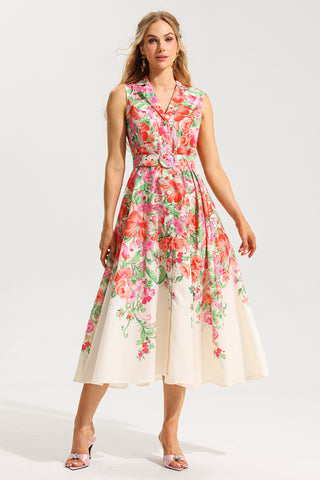 Vestido midi sin mangas con estampado floral y cinturón 
