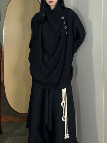 Blusas y camisas de manga larga, sueltas, asimétricas, plisadas, con abertura y cuello alto 