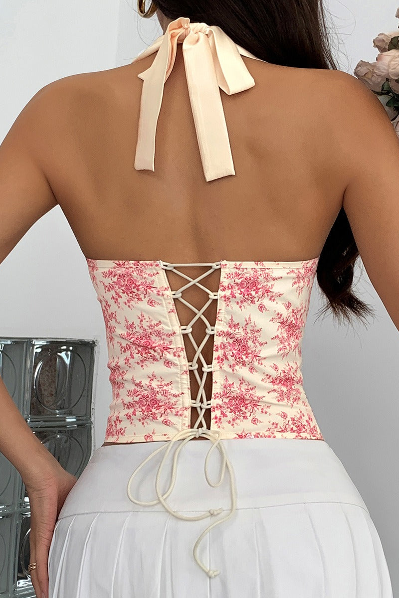 Sexy Ruffle Print Halter Bustier  Halter Top
