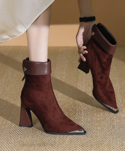 Edle weinrote Wildlederstiefel mit Spleiß und klobigem Absatz 
